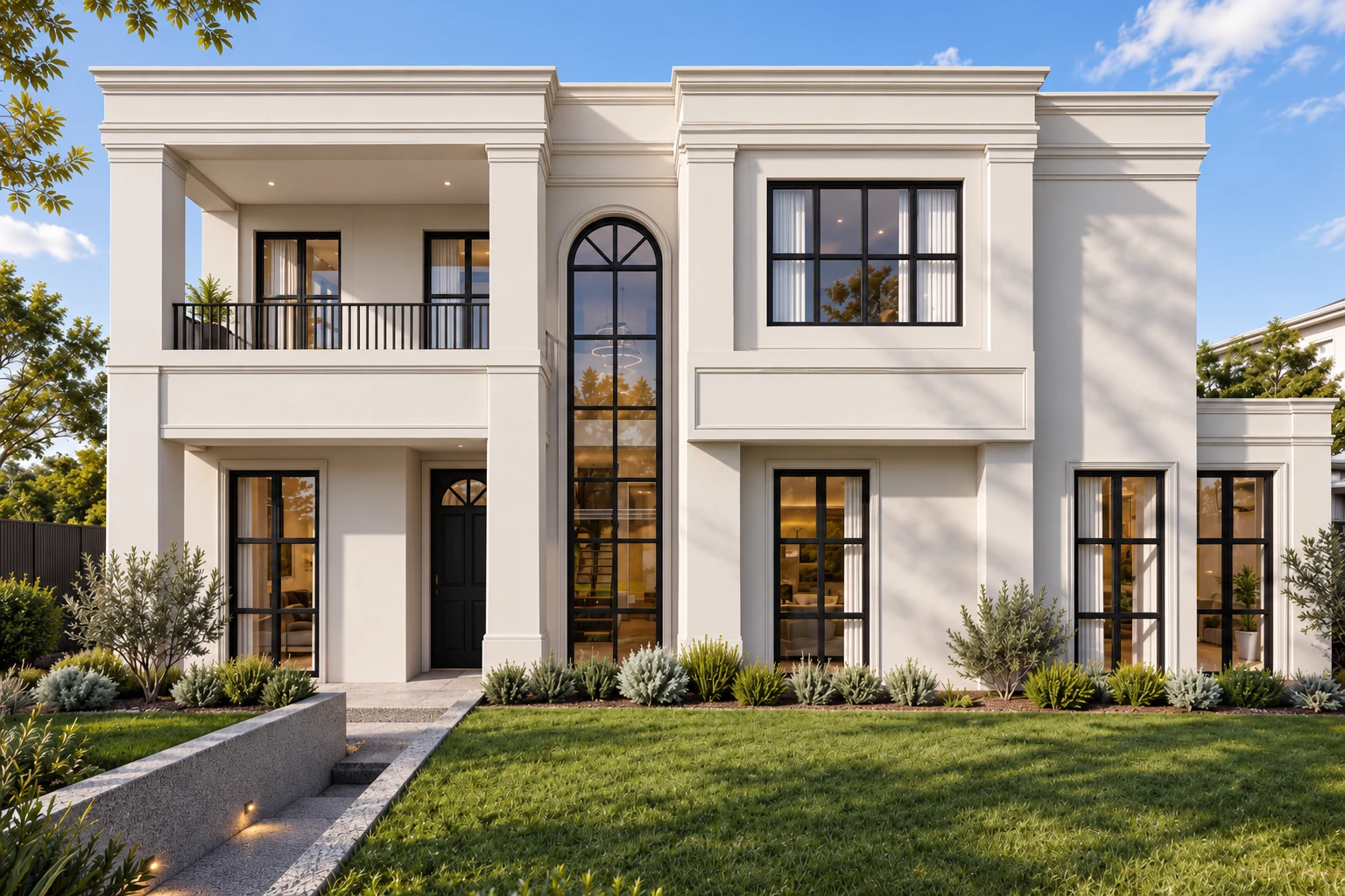 A two-storey rendered home with a colonial facade, tall arched window and black-framed glazing