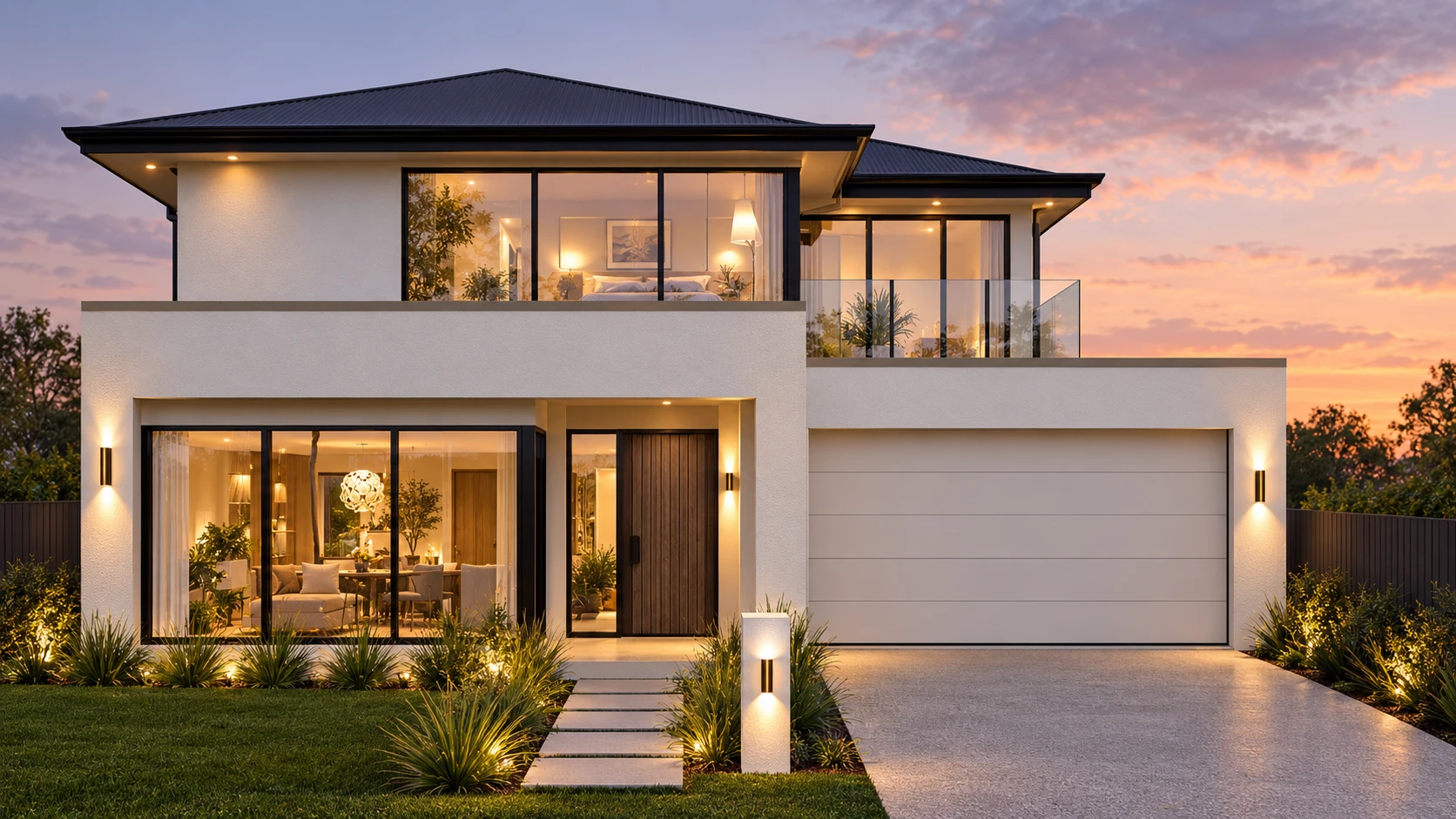 Two-storey rendered home at dusk with a double garage, upper balcony and lit garden