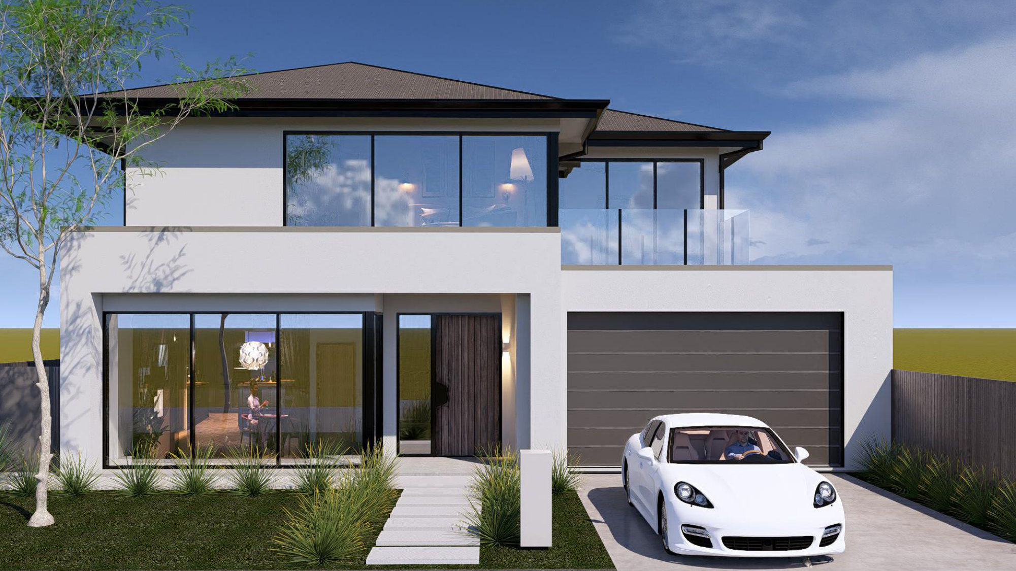 Two-storey rendered home with a double garage, glass balcony and black-framed glazing